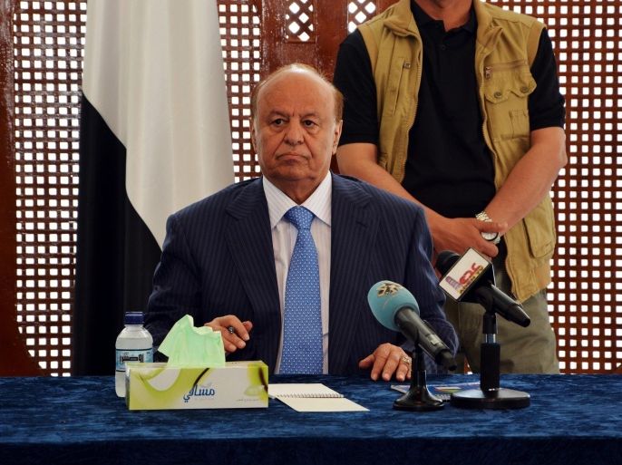 Yemeni President Abdo Rabbo Mansour Hadi meets local officials in the Presidential Palace in the southern port city of Aden, Yemen, 03 March 2015. Reports state President Hadi called for UN-mediated talks aimed at overcoming differences between the Shiite Houthis and various Yemeni factions to be moved to Saudi Arabia so that an agreement can be reached. The talks in Sanaa have broken down since Hadi escaped to Aden after a month under house arrest by Houthis militiamen.