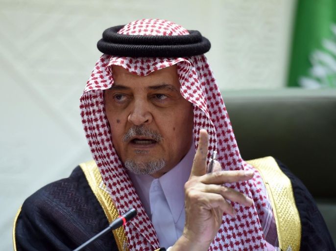 Saudi Foreign Minister Prince Saud bin al-Faisal bin Abdulaziz gestures during a joint press conference with British Foreign Secretary Philip Hammond (not pictured) after a meeting on March 23, 2015 in Riyadh. Prince Saud al-Faisal said that Iran, which is negotiating with world powers on its nuclear programme, should not get 'undeserved deals'.    AFP PHOTO / FAYEZ NURELDINE