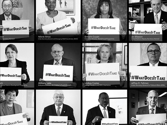 أطلقت الأمم المتحدة هاشتاغ يحمل اسم #WhatDoesItTake،أو ما الذي يتطلبه الأمر ؟ وذلك على موقع التواصل الاجتماعي "تويتر" بمناسبة مرور أربع سنوات على المعاناة التي يتعرض لها الشعب السوري.