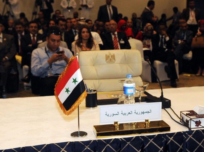 The seat for the Syrian Foreign minister remians empty during the Arab Foreign Ministers conference in the Egyptian Red Sea resort of Sharm al-Sheikh, 26 March 2015. According to reports Arab Foriegn Ministers are meeting for a consultative session ahead of the upcoming Arab League summit 28 and 29 March with the current focus on the ongoing unrest which has led to a coalition of five Isalmic States to begin airstrikes called operation 'Firmness Storm' on targets belonging to Houthi fighter, largely in Sana'a which has resulted in the deaths of some 25 civilians and 50 casualties, as Saudi Arabia, Morocco, and Egypt among others continue to support the regime of Abd-Rabbu Mansour Hadi, who has been forced to flee Yemen's southern port city of Aden where he had attempted to set up a new Government.