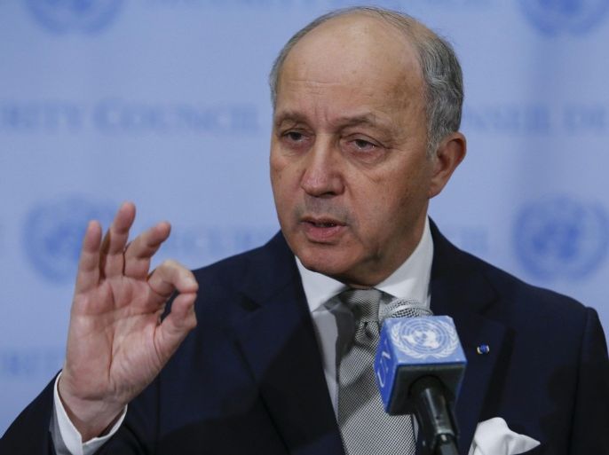 French Foreign Minister Laurent Fabius speaks to the media as he stands outside the United Nations Security Council chambers after a meeting by members of the United Nations Security Council about victims of attacks and abuses on ethnic or religious grounds in the Middle East at United Nations headquarters in New York, New York, USA, 27 March 2015.