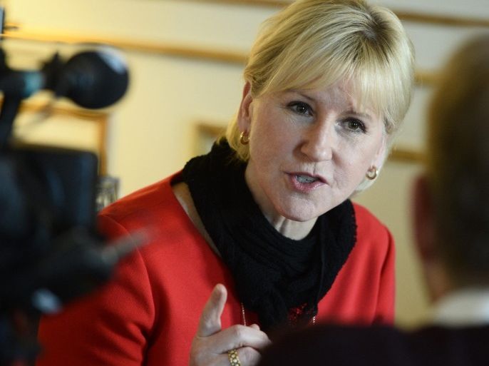 Swedish Foreign Minister Margot Wallstrom gestures during an interview with Sweden's TT News Agency at the Ministry of Foreign Affairs in central Stockholm, March 11, 2015. Saudi Arabia has recalled its ambassador from Stockholm, the Swedish foreign ministry said on Wednesday, deepening a diplomatic row between the two countries over Riyadh's record on human rights and democracy. REUTERS/Claudio Bresciani/TT News Agency (SWEDEN - Tags: POLITICS MEDIA) ATTENTION EDITORS - THIS IMAGE HAS BEEN SUPPLIED BY A THIRD PARTY. IT IS DISTRIBUTED, EXACTLY AS RECEIVED BY REUTERS, AS A SERVICE TO CLIENTS. SWEDEN OUT. NO COMMERCIAL OR EDITORIAL SALES IN SWEDEN. NO COMMERCIAL SALES