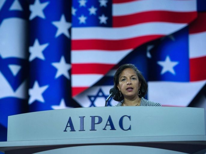 US National Security Adviser Susan Rice addresses the American Israel Public Affairs Committee (AIPAC) policy conference inb Washington, DC, on March 2, 2015.. AFP PHOTO/NICHOLAS KAMM