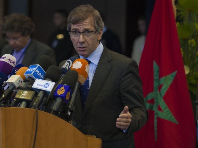 RABAT, MOROCCO - MARCH 25: Special Representative and Head of the United Nations Support Mission in Libya, Bernardino Leon speaks to the press on Libyan reconciliation process in as-Sahirat region of Rabat, Morocco on March 25, 2015.