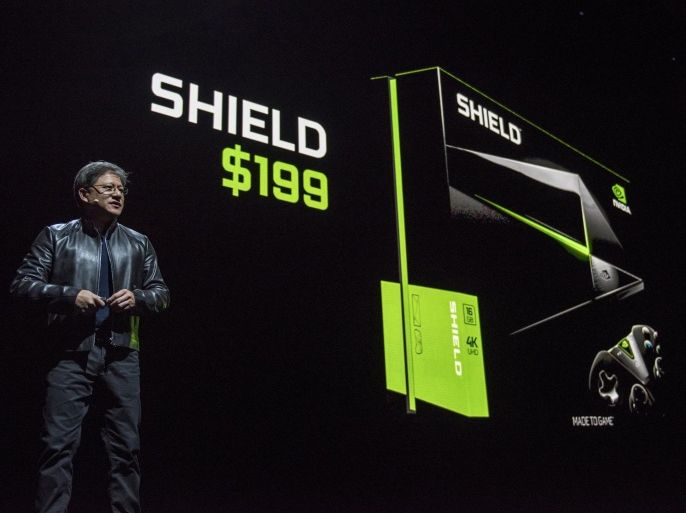 Jen-Hsun Huang, chief executive officer of Nvidia Corp., speaks during the unveiling of the Shield at the Made To Game event during the 2015 Game Developers Conference (GDC) in San Francisco, California, U.S., on Tuesday, March 3, 2015. Nvidia, the largest maker of graphics chips, unveiled a set-top box called Shield for streaming games over the Internet, pushing the component maker into a market dominated by Sony Corp. and Microsoft Corp.