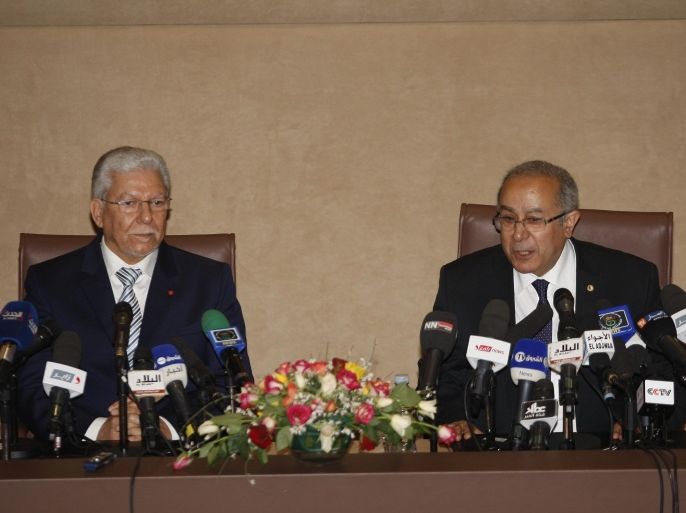 ALGIERS, ALGERIA - MARCH 12: Tunisian Minister of Foreign Affairs Taieb Baccouche (L) holds a joint press conference with Algeria's Foreign Minister Ramtane Lamamra (R) at the Ministry of Foreign Affairs in Algiers, Algeria on March 12, 2015.