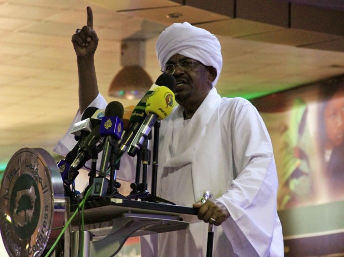 Omar Hassan al-Bashir addresses supporters after his win in the Presidential election, Khartoum, Sudan, 27 April 2015. With a result widely predicted in a number of reports, incumbent President of Sudan, al-Bashir, won Sudan's Presidential elections, claiming 94.5 per cent of the ballots cast, though turnout for the election accounted for half of those registered to vote, and as the opposition boycotted the election amid claims of repression of political dissent.