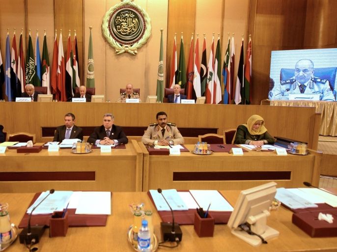 A general view of the meeting of the army chiefs from Arab League nations at the Arab League headquarters in Cairo, on April 22, 2015. Army chiefs from Arab League nations met to start work on the establishment of a region-wide military force aimed at combating jihadists including the Islamic State group. The regional bloc agreed in March to set up the force, with member states given four months to hammer out the details over its composition and precise rules of engagement. AFP PHOTO / MOHAMED EL-SHAHED