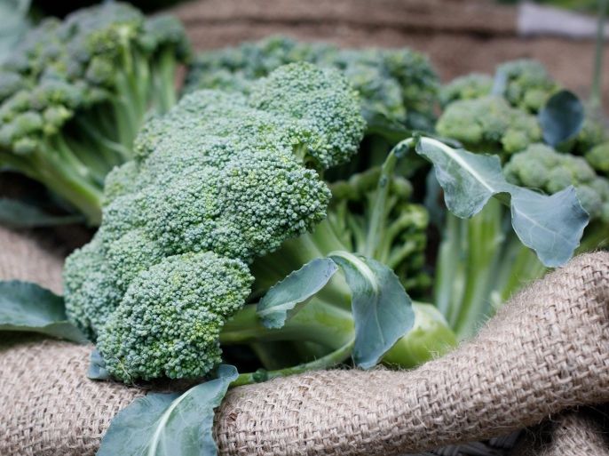 Close up of delicious broccoli in burlap sack