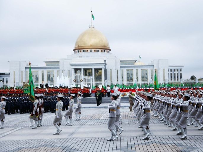 ashgabad, turkmenistan - october 27: members of the turkmenisten army march during a military parade marking the 23rd anniversary of turkmenistans independence from the soviet union on october 27, 2014 in ashgabat, turkmenistan.