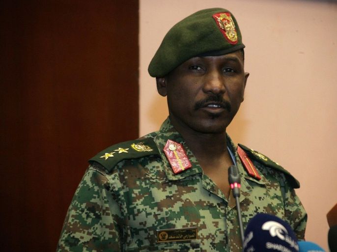 Sudanese Army spokesman Colonel Al-Sawarmy Khaled Saad speaks during a press conference in Khartoum on November 9, 2014, a day after an attack on the Presidential palace left two soldiers dead. A sword-wielding man described as 'insane' killed two Sudanese soldiers on Saturday before being shot dead as he tried to enter the palace where President Omar al-Bashir has his offices. AFP PHOTO/EBRAHIM HAMID