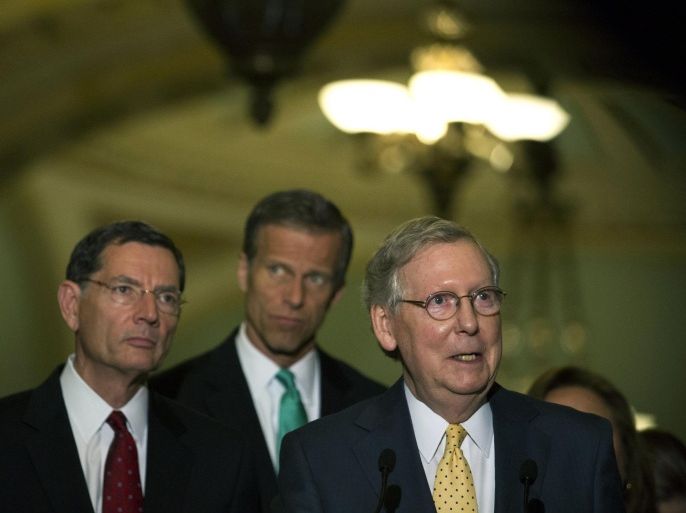 WASHINGTON, DC - APRIL 28:L to R, U.S. Sen. John Barrasso (R-WY), U.S. Sen. John Thune (R-SD), and Senate Majority Leader Mitch McConnell (R-KY) speak to the media during a news conference after a policy meeting with Senate Republicans, on Capitol Hill, April 28, 2015 in Washington, DC. The Senate began debate on Tuesday on legislation granting Congress the ability to review and possibly reject any nuclear deal the United States makes with Iran.