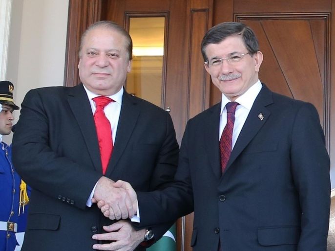 ANKARA, TURKEY - APRIL 03: Turkish Prime Minister Ahmet Davutoglu (R) welcomes Pakistani Prime Minister Nawaz Sharif (L) prior to a meeting at the Prime Ministry office at Cankaya Palace on April 03, 2015 in Ankara, Turkey.