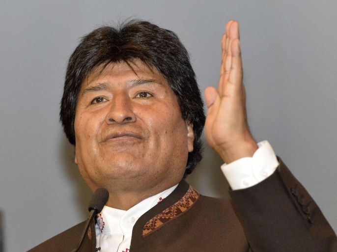 Bolivian President Evo Morales addresses a conference at Costa Rica University on January 28, 2015 in San Jose. AFP PHOTO/Ezequiel BECERRA