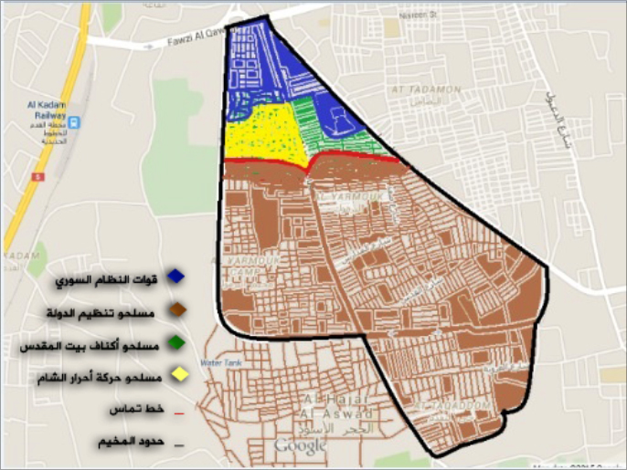 ‪(الجزيرة)‬ خريطة النفوذ داخل مخيم اليرموك بعد دخول تنظيم الدولة إليه 