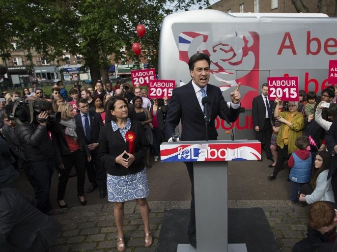 LONDON, ENGLAND - APRIL 16: Labour leader Ed Miliband addresses supporters during a visit on April 16, 2015 to Crouch End, London, England. The Labour leader is continuing to campaign around the country ahead of the forthcoming general election.