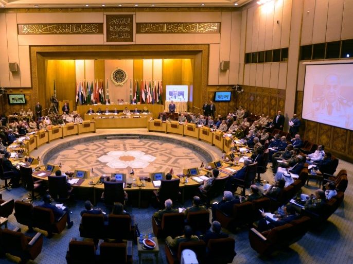 A general view of the meeting of the army chiefs from Arab League nations at the Arab League headquarters in Cairo, on April 22, 2015. Army chiefs from Arab League nations met to start work on the establishment of a region-wide military force aimed at combating jihadists including the Islamic State group. The regional bloc agreed in March to set up the force, with member states given four months to hammer out the details over its composition and precise rules of engagement. AFP PHOTO / MOHAMED EL-SHAHED