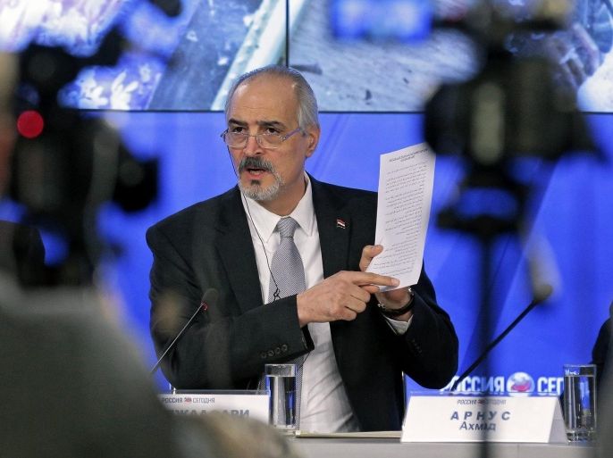 Permanent Representative of the Syrian Arab Republic to the United Nations and head of the government delegation in Moscow, Bashar Jaafari attends a press conference in Moscow, Russia 10 April 2015 after talks between representatives of the Syrian government and the opposition.