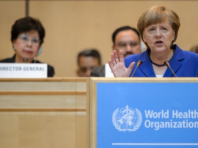 German Chancellor Angela Merkel addresses the World Health Organization (WHO) general assembly on May 18, 2015 in Geneva. AFP PHOTO / FABRICE COFFRINI