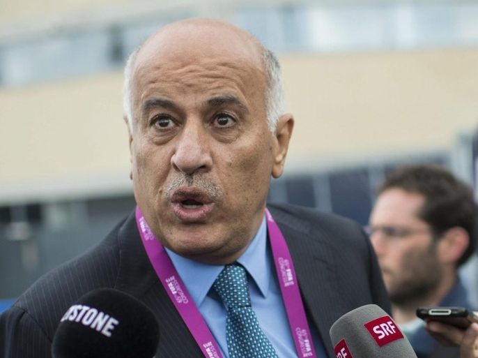 Jibril Mahmoud Mohammad Al Rajoub of Palestine speak to the press in front of the Hallen Stadium in Zurich, Switzerland, where the 65th FIFA congress takes place Friday, May 29, 2015. The Palestinian Football Association is asking FIFA to suspend Israel from world football, just as it once suspended apartheid South Africa and Slobodan Milosevic's Yugoslavia.