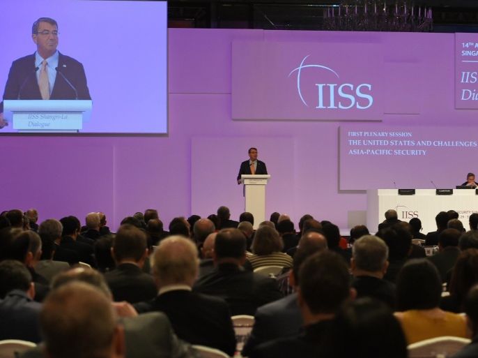 US Secretary of Defense Ashton Carter delivers his speech at the first plenary session at the 14th Asia Security Summit, the International Institute for Strategic Studies (IISS) Shangri-La Dialogue 2015 in Singapore on May 30, 2015. AFP PHOTO / ROSLAN RAHMAN