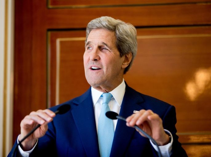 U.S. Secretary of State John Kerry speaks during a joint press conference with Foreign Minister Mahamoud Ali Youssouf at the Presidential Palace, in Dijbouti, Dijbouti, Wednesday, May 6, 2015. Kerry said Wednesday he intends to discuss with Saudi Arabian officials how to implement a "humanitarian pause" in Yemen's civil war, citing increased shortages of food, fuel and medicine that are adding to a crisis that has already caused some thousands of people to flee to neighboring countries. Kerry is also visiting Sri Lanka, Somalia, France, and Saudi Arabia on his trip.(AP Photo/Andrew Harnik, Pool)