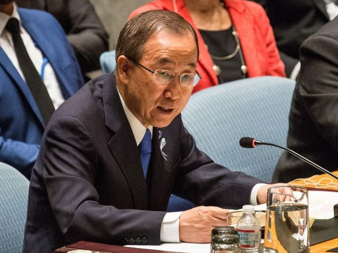 NEW YORK, NY - MAY 29: United Nations Secretary General Ban Ki-moon speaks at a United Nations Security Council meeting on May 29, 2015 in New York City. The meeting focused on foreign terrorist fighters and the Islamic State of Iraq and Syria, or ISIS.