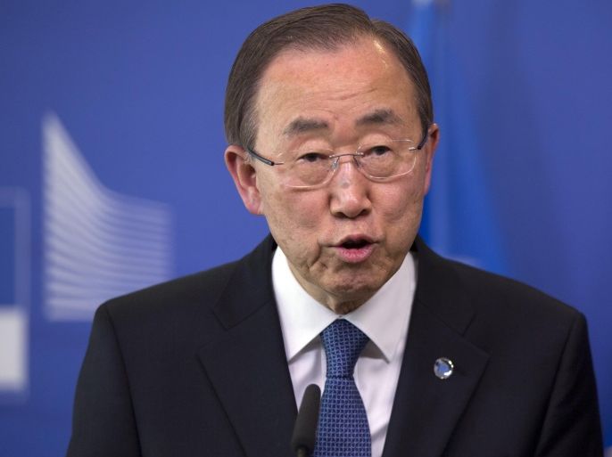 United Nations Secretary-General Ban Ki-moon speaks during a media conference at EU headquarters in Brussels, Wednesday, May 27, 2015. Ki-moon met with EU leaders and called for international solidarity to deal with the issue of tens of thousands of migrants crossing the Mediterranean in the hope of starting a better life in Europe. (AP Photo/Virginia Mayo)