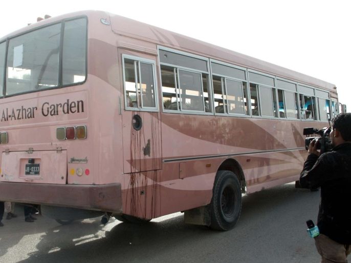 KARACHI, PAKISTAN - MAY 13: The bus that was attacked as it was carrying members of Ismaili Shia community, is parked outside a hospital in Karachi, Pakistan on May 13, 2015. Gunmen on motorbikes opened fire at a bus carrying members of a minority community in southern Pakistan, killing at least 45 people including over a dozen women and injuring more than 14 people.