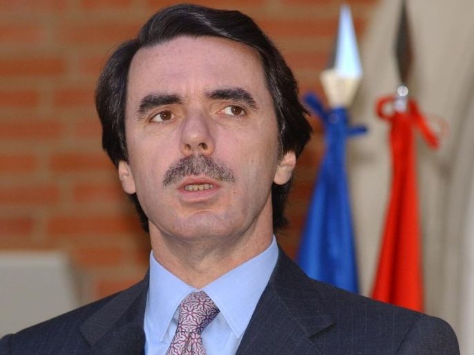 MADRID, SPAIN - MARCH 20: Spanish Prime Minister Jose Maria Aznar speaks to the news media about the U.S.-led attack on Iraq at Moncloa Palace March 20, 2003 in Madrid, Spain. Aznar said that Spain will be sending a military hospital ship and a frigate for humanitarian aid to the Gulf region. (Photo by Carlos Alvarez/Getty Images)
