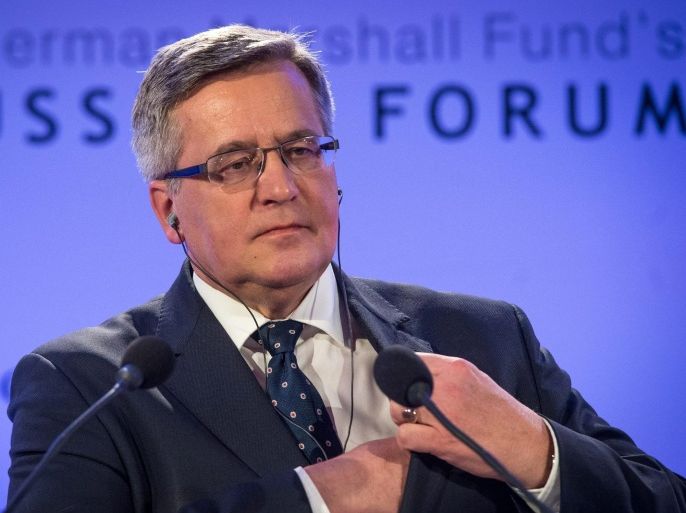 Polish President Bronislaw Komorowski gives a conference on The Future of Conflict oganized by German Marshall Fund of the United States in Brussels, Belgium 22 March 2015.