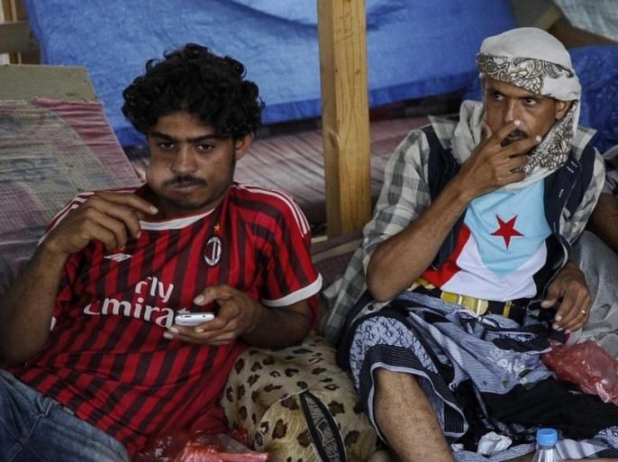 ADEN, YEMEN - JANUARY 27: Yemeni supporters of the separatist movement chew khat plant in a tent during a demonstration within their ongoing protests in Khormaksar region of Aden, Yemen on January 27, 2015.