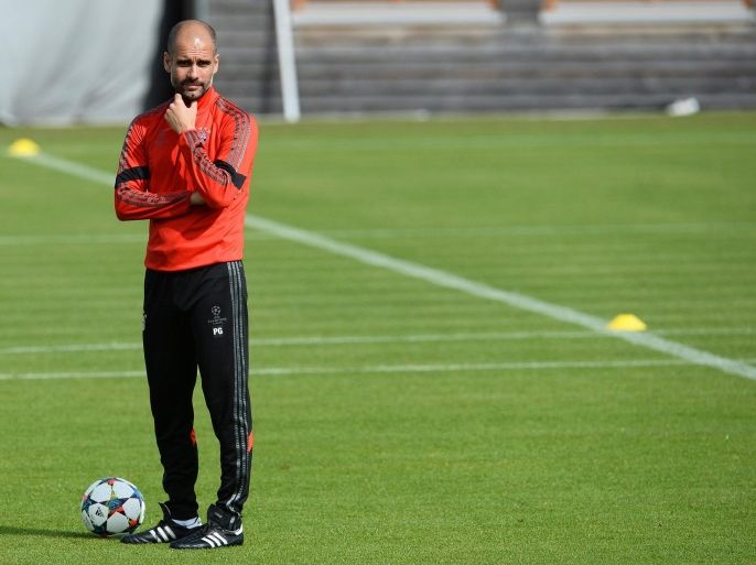 FC Bayern Munich's Spanish head coach Pep Guardiola leads his team's training session in Munich, Germany, 11 May 2015. FC Bayern Munich will face FC Barcelona in the UEFA Champions League semi final second leg soccer match on 12 May 2015.
