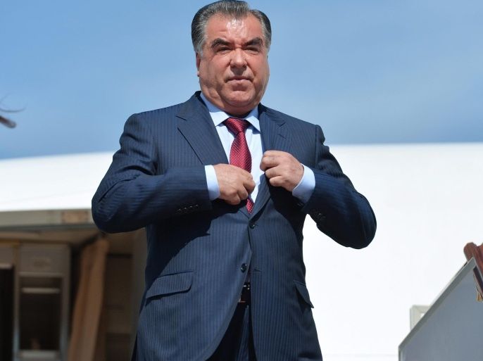 Tajikistan's President Emomali Rahmon (front) upon arrival at the Vnukovo-2 airport in Moscow, Russia, 08 May 2015. Emomali Rahmon arrived in Moscow to take part in an informal summit of the CIS (Commonwealth of Independent States ) leaders and to attend the events marking the 70th anniversary of the victory of the Soviet Union and it's Allies over Nazi Germany in WWII. EPA/HOST PHOTO AGENCY / RIA NOVOSTI POOL MANDATORY CREDIT