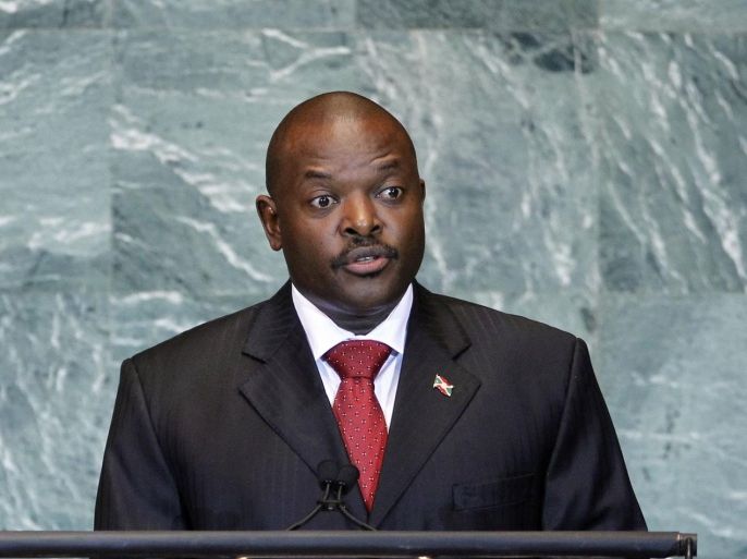FILE - In this Friday, Sept. 23, 2011 file photo, Burundi's President Pierre Nkurunziza addresses the 66th session of the United Nations General Assembly at U.N. headquarters in New York. Police vanished from the streets of Burundi's capital Wednesday, May 13, 2015 as thousands of people celebrated a coup attempt against President Pierre Nkurunziza. (AP Photo/Jason DeCrow, File)