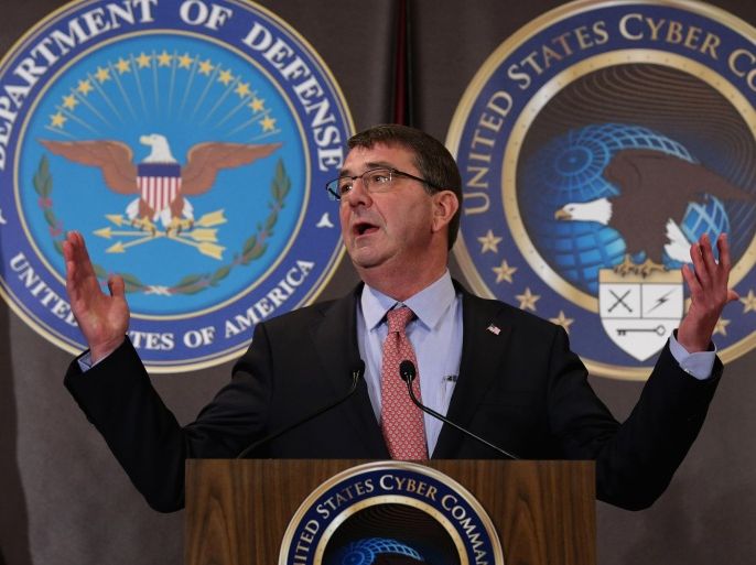 FORT MEADE, MD - MARCH 13: U.S. Secretary of Defense Ash Carter delivers remarks to an audience of U.S. Cyber Command troops and National Security Agency employees while visiting the NSA and command headquarters March 13, 2015 in Fort Meade, Maryland. Carter emphasized the importance of military cyber operations by making this his first visit with soliders, sailors, airmen and Marines inside the United States since becoming defense secretary in February 2015.