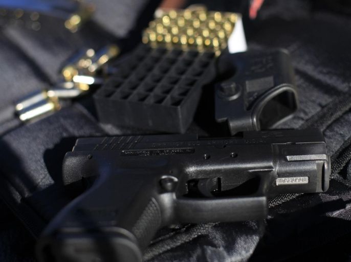 A Springfield XD40 handgun and a case of bullets rest on the bed of a pick-up truck along a mountain range in Buckeye, Arizona January 20, 2013. REUTERS/Joshua Lott (UNITED STATES - Tags: SOCIETY)