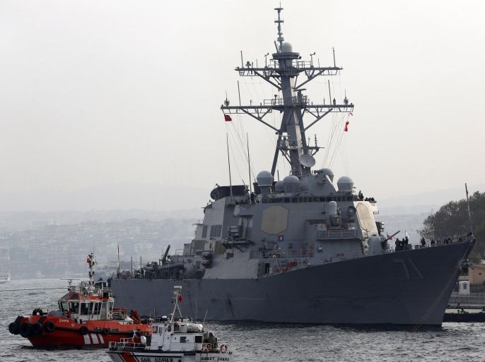 U.S. Navy guided-missile destroyer USS Ross prepares to leave from the port in Istanbul November 13, 2014. A group of Turkish ultra-nationalists attacked three U.S. sailors on a crowded street in Istanbul on Wednesday, shouting "Yankee go home" and trying to pull hoods over their heads in an assault condemned by the United States. The attackers' actions were an apparent reference to an incident in Iraq in July 2003, when U.S. forces detained a Turkish special forces unit, leading its members away for interrogation with hoods over their heads. Officials said the three sailors were unharmed and back aboard the USS Ross. REUTERS/Murad Sezer (TURKEY - Tags: MILITARY POLITICS MARITIME CRIME LAW)