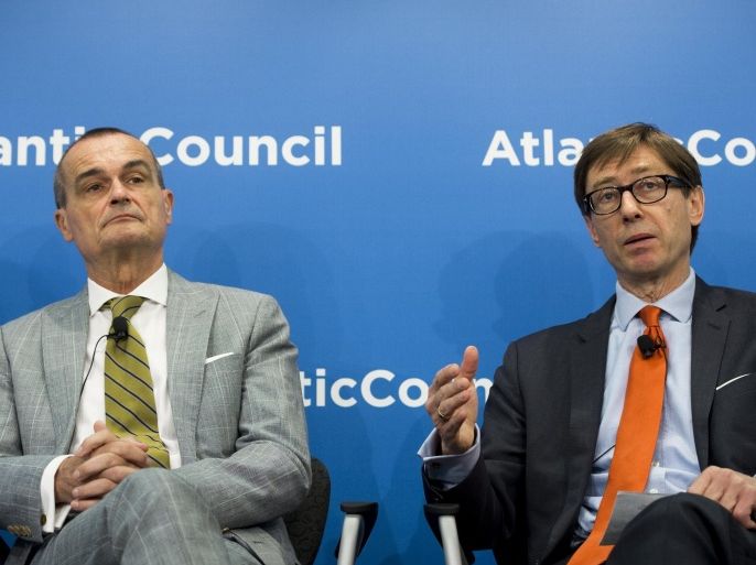 German Ambassador to the US, Peter Wittig (R) speaks alongside French Ambassador to the US, Gerard Araud about the Iranian nuclear negotiations at the Atlantic Council in Washington, DC, May 26, 2015. AFP PHOTO / SAUL LOEB