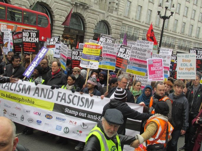 مظاهرة وسط لندن ضد الإسلاموفوبيا والتمييز ضد المهاجرين