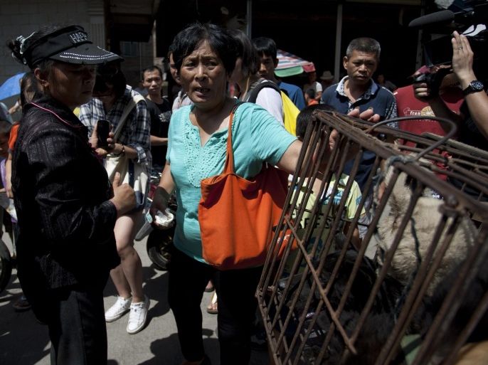 This picture taken on June 20, 2015 shows animal-loving Yang Xiaoyun (C) going around buying some 100 dogs at a market in Yulin, in southern China's Guangxi province. Yang has paid more than 1,000 USD to prevent around 100 canines from being eaten ahead of a dog meat festival which has provoked outrage worldwide. CHINA OUT AFP PHOTO