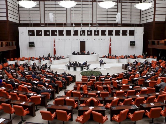 Turkish Parliament convenes to vote on a motion in Ankara, Turkey, in this October 2, 2014 file photo. Turkish President Tayyip Erdogan's hopes of assuming greater powers suffered a major setback on Sunday when the ruling AK Party he founded failed to win an outright majority in a parliamentary election for the first time. Erdogan, Turkey's most popular modern leader but also its most divisive, had hoped a crushing victory for the AKP would allow it to change the constitution and create a more powerful U.S.-style presidency. To do that, it would have needed to win two-thirds of the seats in parliament. REUTERS/Umit Bektas/Files