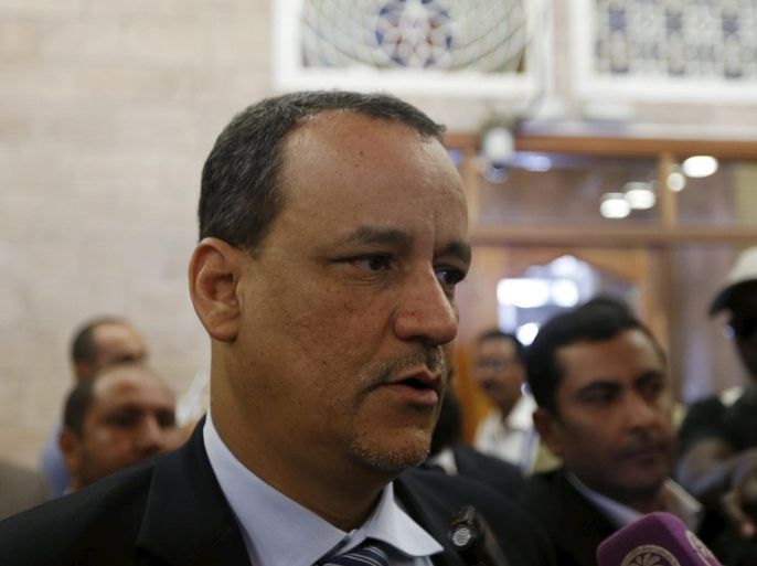 United Nations envoy to Yemen Ismail Ould Cheikh Ahmed talks to reporters upon arrival at the international airport of Sanaa, Yemen May 29, 2015. REUTERS/Khaled Abdullah