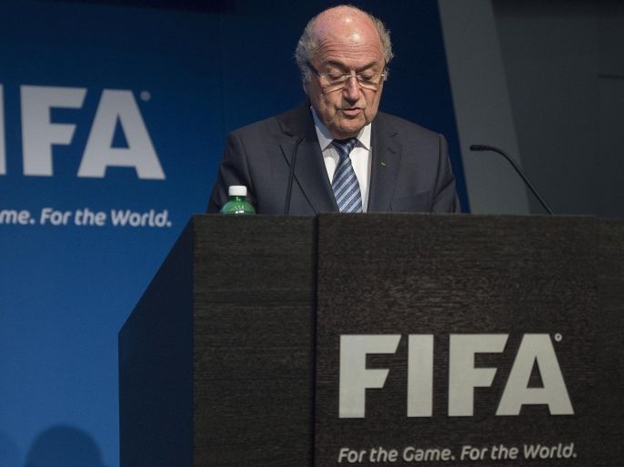FIFA President Sepp Blatter speaks during a press conference at the headquarters of the world's football governing body in Zurich on June 2, 2015. Blatter resigned as president of FIFA as a mounting corruption scandal engulfed world football's governing body. The 79-year-old Swiss official, FIFA president for 17 years and only reelected days ago, said a special congress would be called to elect a successor. AFP PHOTO / VALERIANO DI DOMENICO