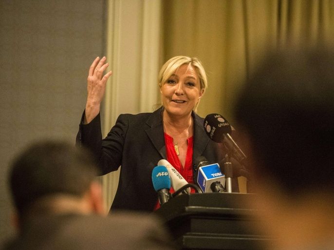 Marine Le Pen, leader of the French far-right Front National party, gives a press conference in Cairo on May 31, 2015. AFP PHOTO / KHALED DESOUKI