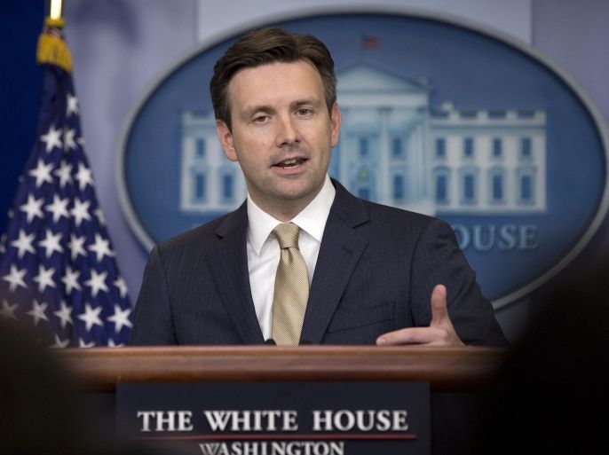 White House press secretary Josh Earnest speaks during the daily news briefing at the White House in Washington, Tuesday, May 26, 2015. Earnest discussed Defense Secretary Ashton Carter’s assertion that Iraqi forces lack the will to fight undermines the central premise of the White House strategy for defeating the Islamic State, White House-backed USA Freedom Act, and other topics. (AP Photo/Carolyn Kaster)