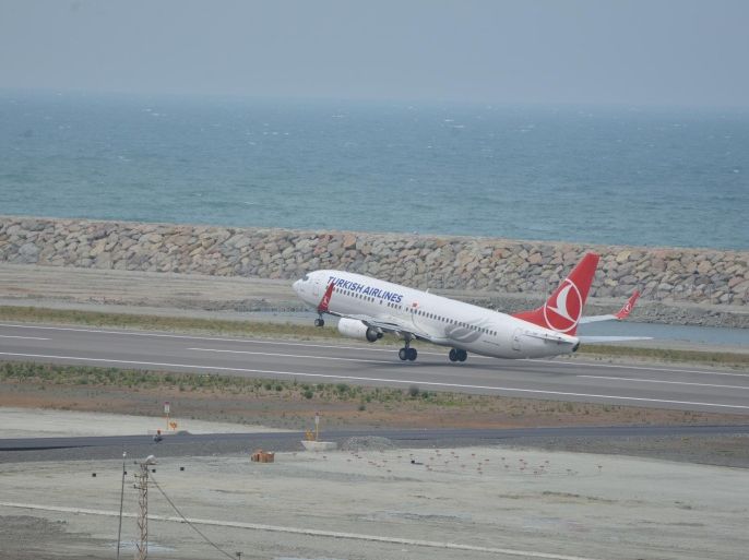 ORDU, TURKEY - MAY 22: A Turkish Airlines flight from Istanbul carrying 136 passengers touches down on its runway, in Ordu-Giresun Airport on artificial island in Ordu, Turkey on May 22, 2015. The Ordu-Giresun Airport is built on an artificial island along the seashore of Ordu, making it the first such facility outside the Far East. The airport will be the first of its kind in Turkey, as well as Europe, and eighth such facility in the world.