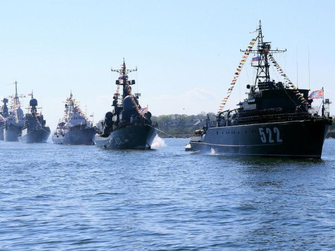 BALTIYSK, RUSSIA - MAY 7: In this handout image supplied by Host photo agency / RIA Novosti, Baltic Fleet vessels in ceremonial formation at a rehearsal of the navy parade to mark the 70th anniversary of Victory in the 1941-1945 Great Patriotic War, May 7, 2015 in Baltiysk, Russia. The Victory Day parade commemorates the end of World War II in Europe.