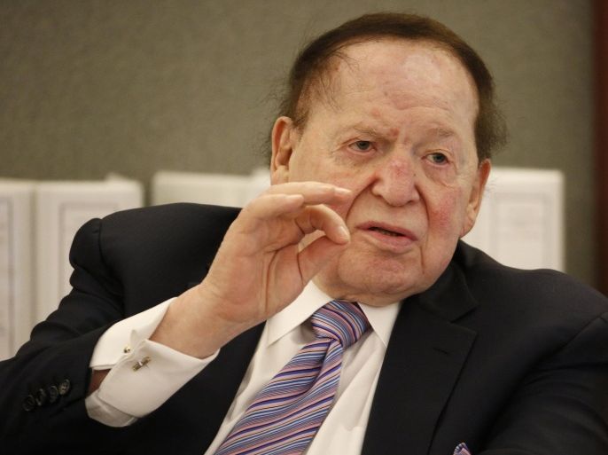 Las Vegas Sands Corp. Chairman and CEO Sheldon Adelson testifies in court Monday, May 4, 2015, in Las Vegas. Steven Jacobs, former Sands Macau resort chief, is suing Sands China and Las Vegas Sands Corp. over a wrongful termination case. (AP Photo/John Locher)