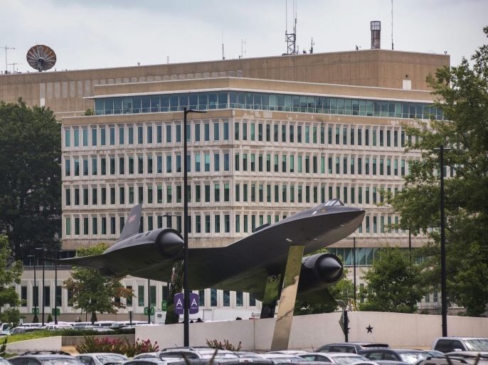 The headquarters of the Central Intelligence Agency (CIA), along with an A-12 supersonic reconnaissance aircraft on display for viewing, is visible from the Agency's north parking lot in McLean, Virginia, USA, 15 July 2014.